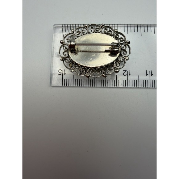 Vintage Petit Point Handmade in Austria Floral Rose Filigree Brooch Silver Tone - Picture 5 of 5